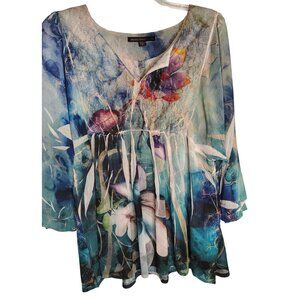 Mushka Sienna Rose XL Top Blue, Floral Lace Overlay Boho Lagenlook 3/4 Sleeve